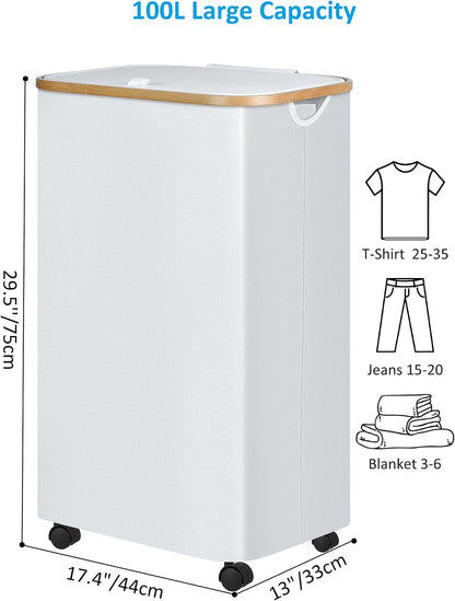 Laundry Basket with Wheels, Tall Rolling Laundry Hamper with Lid and Removable Bag, Aesthetic Dirty Clothes Hamper on Wheels for Laundry Room, Bedroom, Dorm and Bathroom, 100L Black