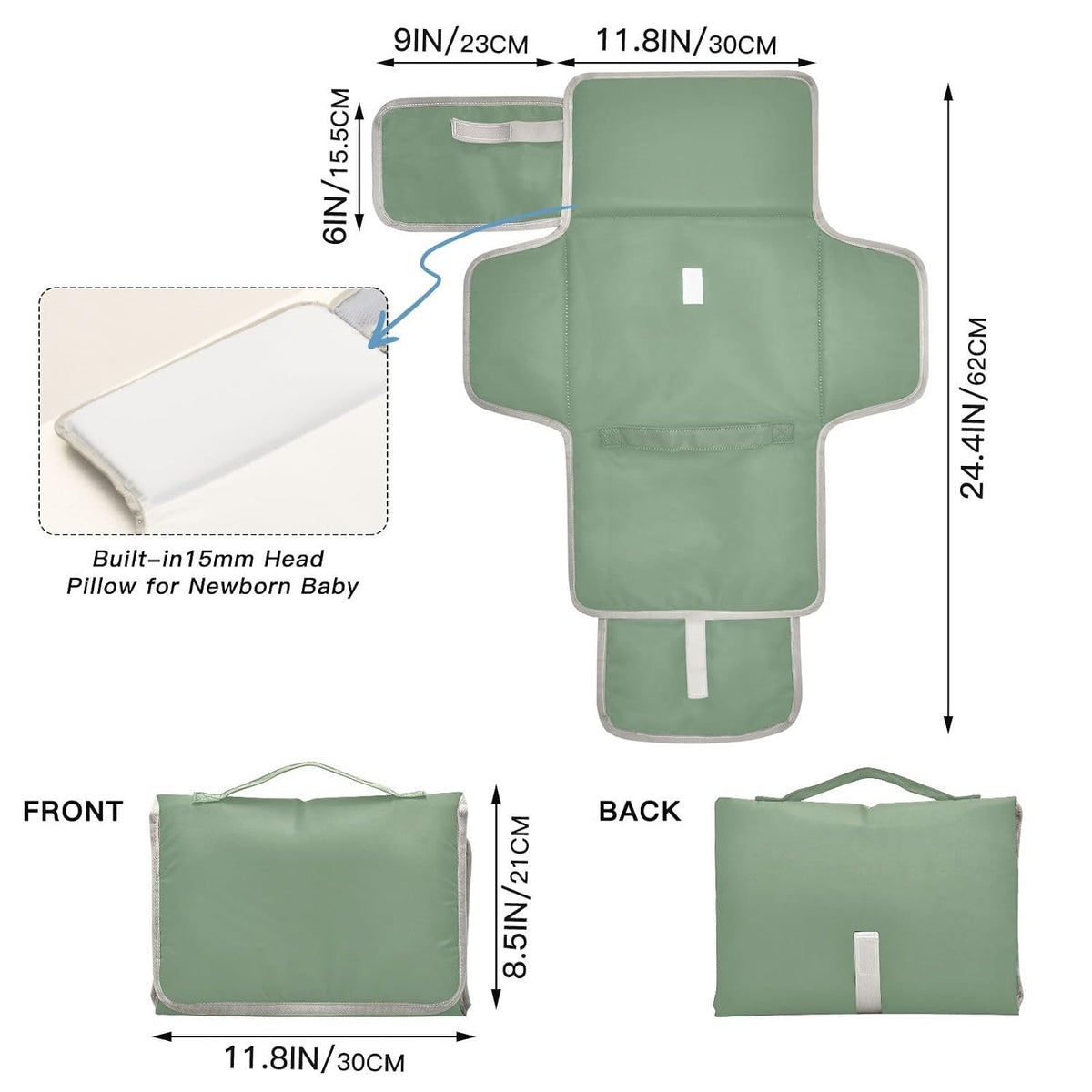 Solid Green Portable Diaper Changing Pad, Waterproof Baby Changing Mat with Storage Pocket & Built-in Pillow, Foldable Travel Pad, Newborn Gift Set for Boy Girl