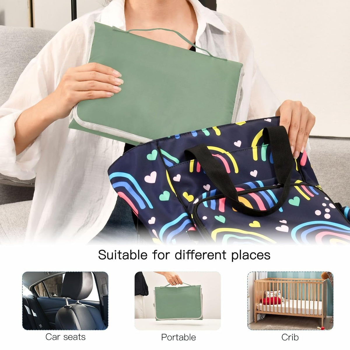 Solid Green Portable Diaper Changing Pad, Waterproof Baby Changing Mat with Storage Pocket & Built-in Pillow, Foldable Travel Pad, Newborn Gift Set for Boy Girl