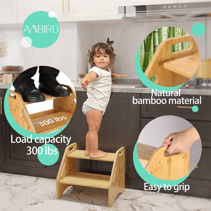 Wooden Step Stool, Two Step Stools Toddler 300 lbs Capacity with Safety Non-Slip Pads and Handles, Bamboo Step Stool for Bathroom, Kitchen Dual Height Step Stools for Kids (Natural)