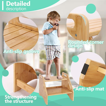 Wooden Step Stool, Two Step Stools Toddler 300 lbs Capacity with Safety Non-Slip Pads and Handles, Bamboo Step Stool for Bathroom, Kitchen Dual Height Step Stools for Kids (Natural)