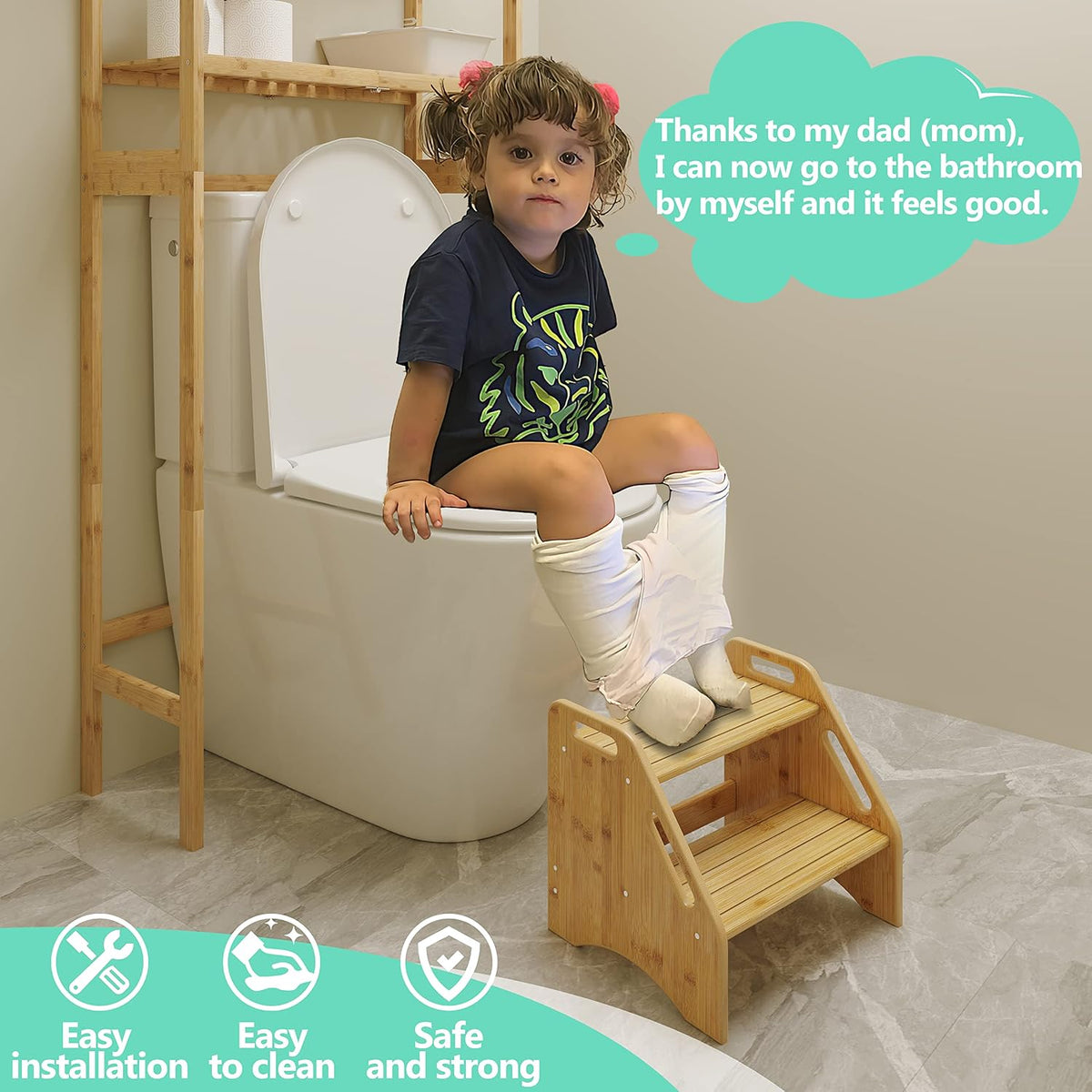 Wooden Step Stool, Two Step Stools Toddler 300 lbs Capacity with Safety Non-Slip Pads and Handles, Bamboo Step Stool for Bathroom, Kitchen Dual Height Step Stools for Kids (Natural)