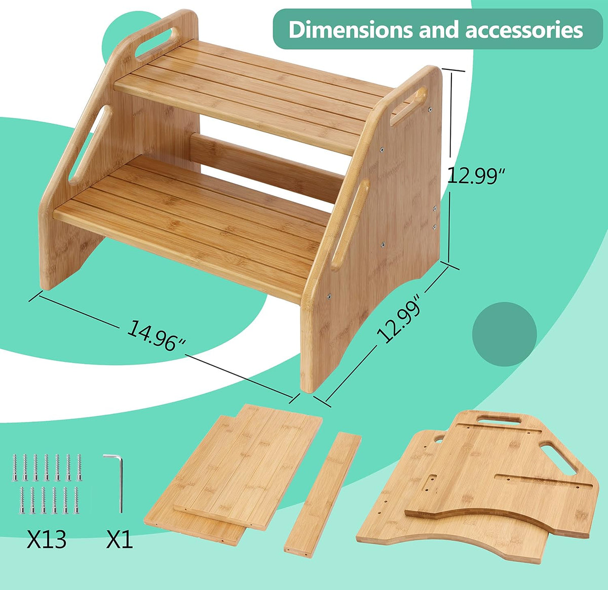 Wooden Step Stool, Two Step Stools Toddler 300 lbs Capacity with Safety Non-Slip Pads and Handles, Bamboo Step Stool for Bathroom, Kitchen Dual Height Step Stools for Kids (Natural)