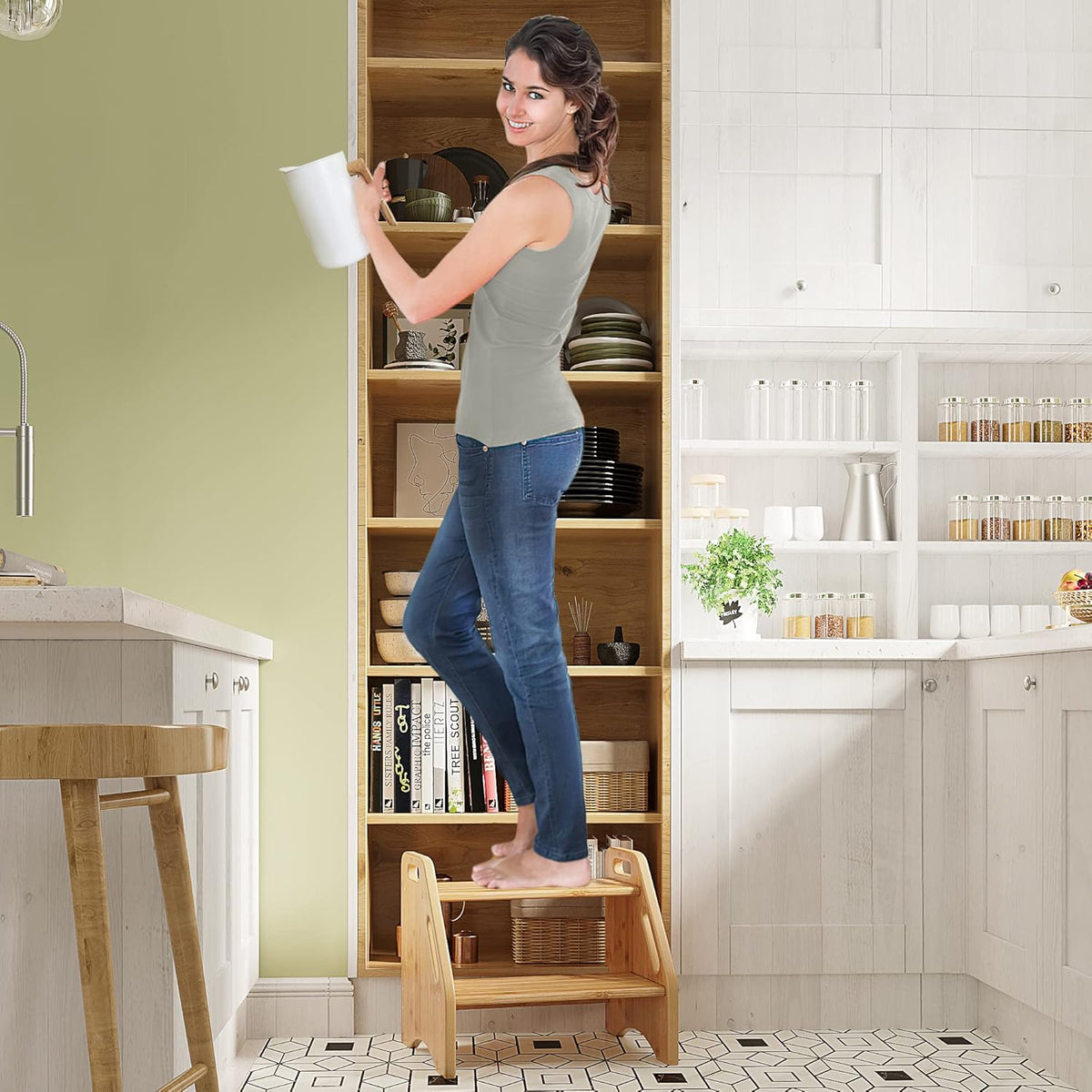 Wooden Step Stool, Two Step Stools Toddler 300 lbs Capacity with Safety Non-Slip Pads and Handles, Bamboo Step Stool for Bathroom, Kitchen Dual Height Step Stools for Kids (Natural)