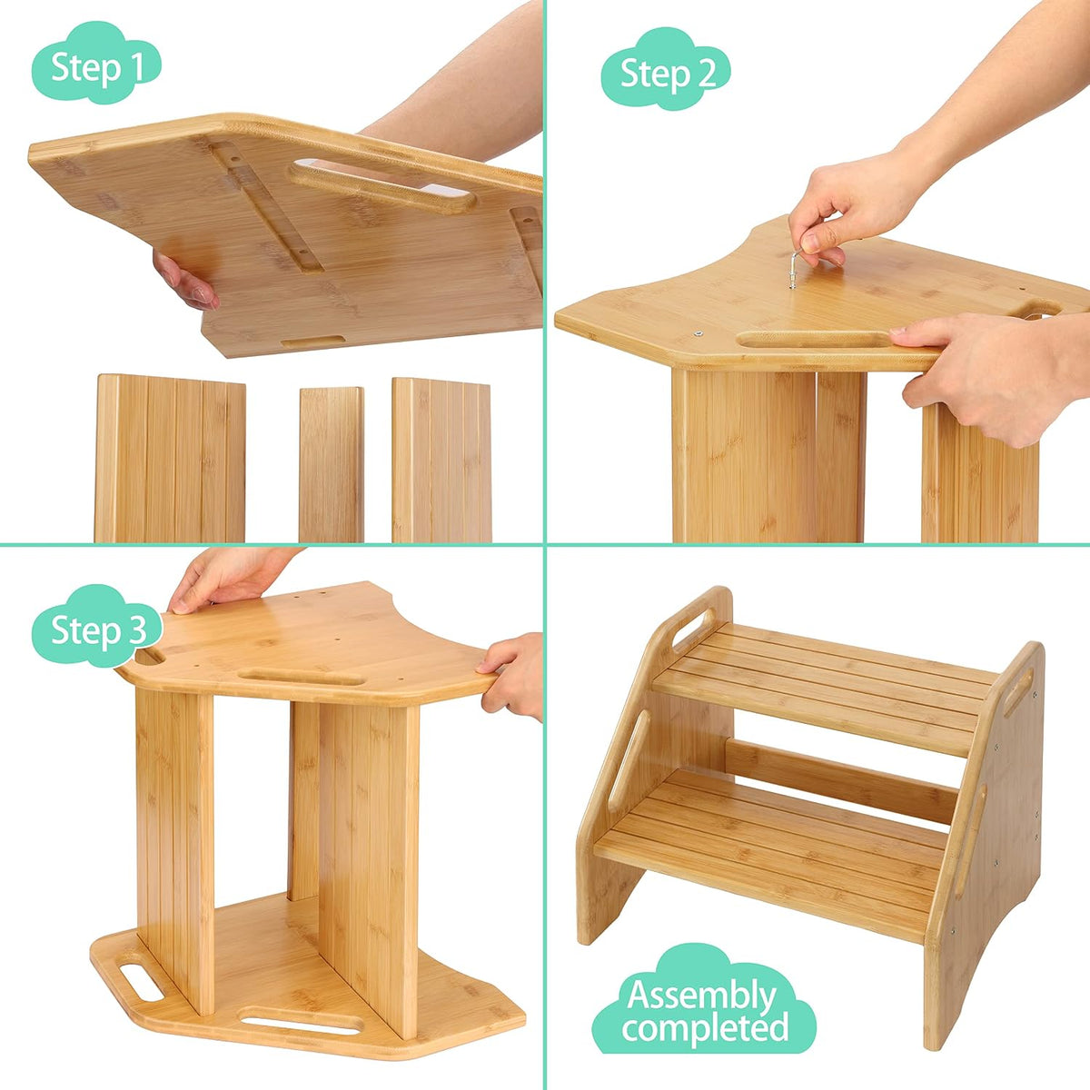 Wooden Step Stool, Two Step Stools Toddler 300 lbs Capacity with Safety Non-Slip Pads and Handles, Bamboo Step Stool for Bathroom, Kitchen Dual Height Step Stools for Kids (Natural)