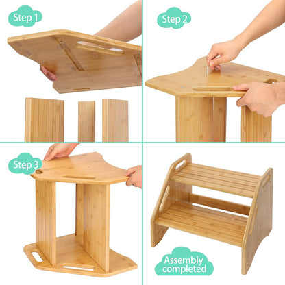 Wooden Step Stool, Two Step Stools Toddler 300 lbs Capacity with Safety Non-Slip Pads and Handles, Bamboo Step Stool for Bathroom, Kitchen Dual Height Step Stools for Kids (Natural)