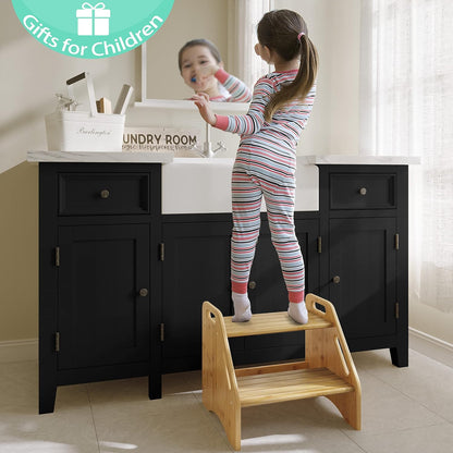 Wooden Step Stool, Two Step Stools Toddler 300 lbs Capacity with Safety Non-Slip Pads and Handles, Bamboo Step Stool for Bathroom, Kitchen Dual Height Step Stools for Kids (Natural)