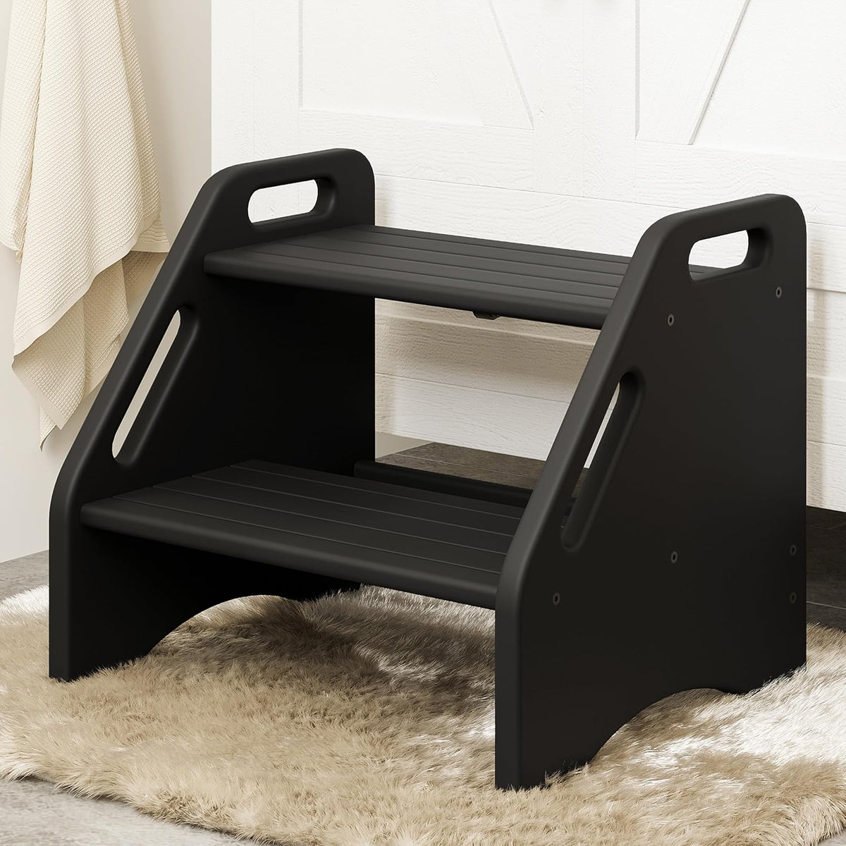 Wooden Step Stool, Two Step Stools Toddler 300 lbs Capacity with Safety Non-Slip Pads and Handles, Bamboo Step Stool for Bathroom, Kitchen Dual Height Step Stools for Kids (Natural)