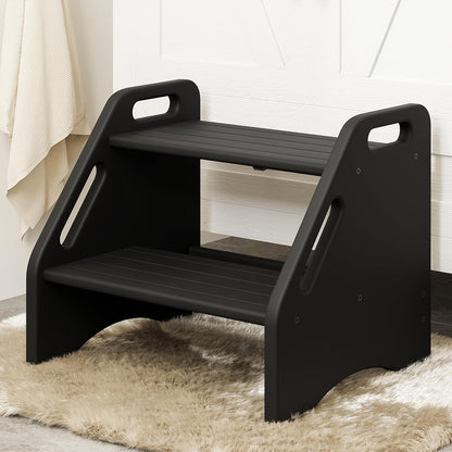 Wooden Step Stool, Two Step Stools Toddler 300 lbs Capacity with Safety Non-Slip Pads and Handles, Bamboo Step Stool for Bathroom, Kitchen Dual Height Step Stools for Kids (Natural)