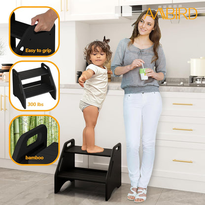Wooden Step Stool, Two Step Stools Toddler 300 lbs Capacity with Safety Non-Slip Pads and Handles, Bamboo Step Stool for Bathroom, Kitchen Dual Height Step Stools for Kids (Natural)