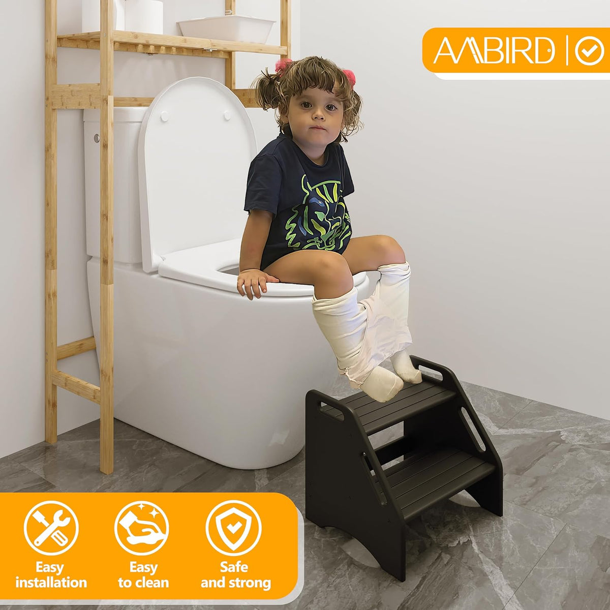 Wooden Step Stool, Two Step Stools Toddler 300 lbs Capacity with Safety Non-Slip Pads and Handles, Bamboo Step Stool for Bathroom, Kitchen Dual Height Step Stools for Kids (Natural)
