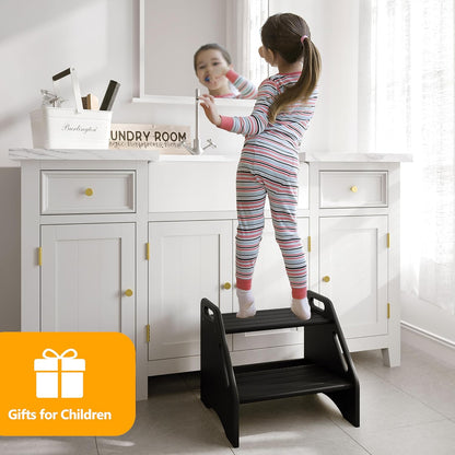 Wooden Step Stool, Two Step Stools Toddler 300 lbs Capacity with Safety Non-Slip Pads and Handles, Bamboo Step Stool for Bathroom, Kitchen Dual Height Step Stools for Kids (Natural)