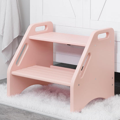 Wooden Step Stool, Two Step Stools Toddler 300 lbs Capacity with Safety Non-Slip Pads and Handles, Bamboo Step Stool for Bathroom, Kitchen Dual Height Step Stools for Kids (Natural)
