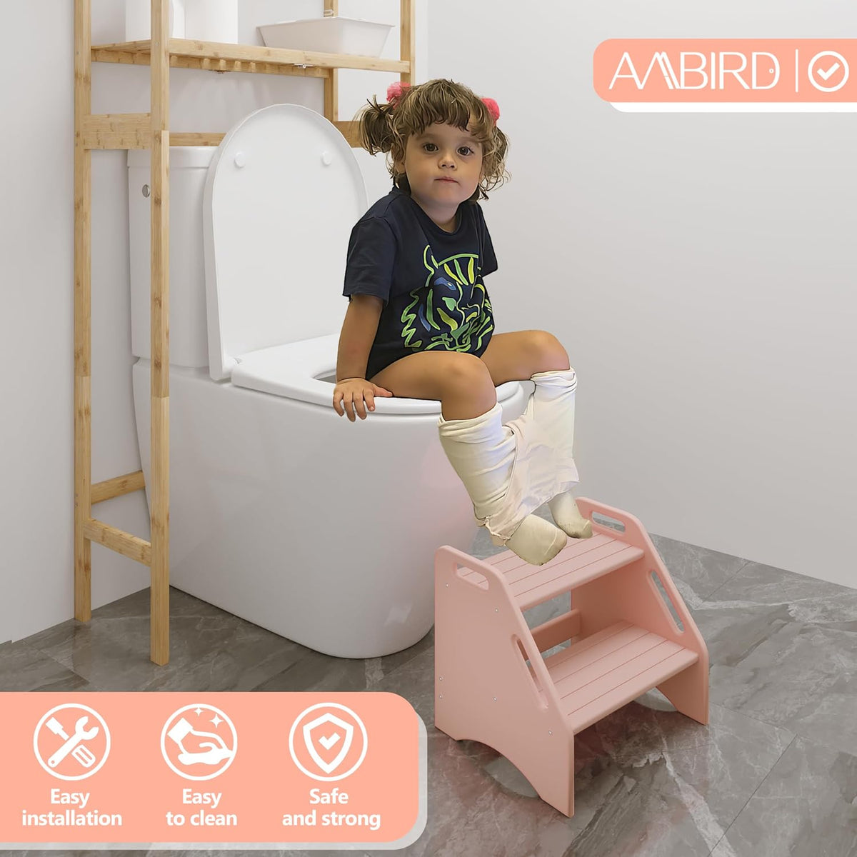 Wooden Step Stool, Two Step Stools Toddler 300 lbs Capacity with Safety Non-Slip Pads and Handles, Bamboo Step Stool for Bathroom, Kitchen Dual Height Step Stools for Kids (Natural)