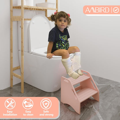Wooden Step Stool, Two Step Stools Toddler 300 lbs Capacity with Safety Non-Slip Pads and Handles, Bamboo Step Stool for Bathroom, Kitchen Dual Height Step Stools for Kids (Natural)