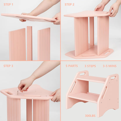 Wooden Step Stool, Two Step Stools Toddler 300 lbs Capacity with Safety Non-Slip Pads and Handles, Bamboo Step Stool for Bathroom, Kitchen Dual Height Step Stools for Kids (Natural)