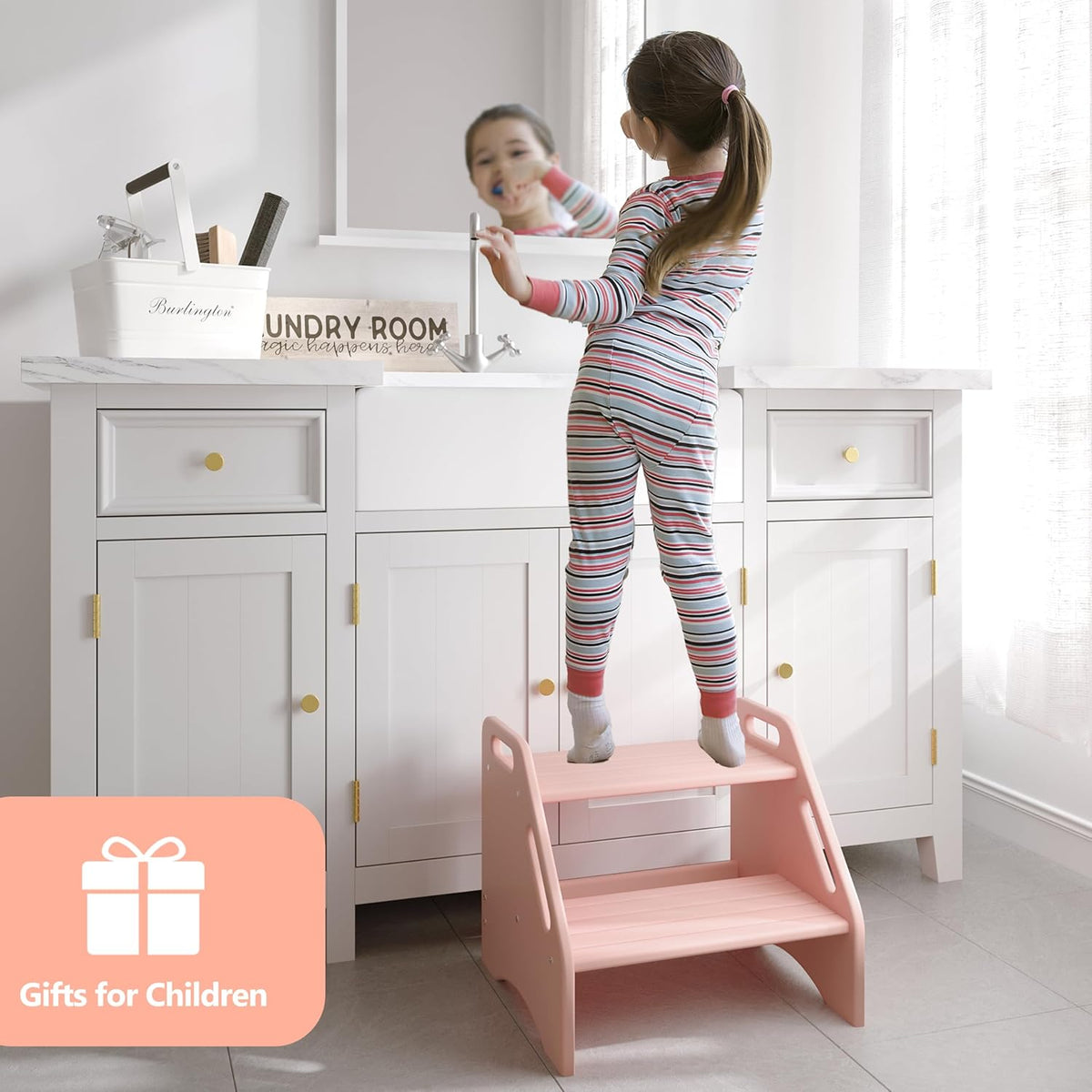Wooden Step Stool, Two Step Stools Toddler 300 lbs Capacity with Safety Non-Slip Pads and Handles, Bamboo Step Stool for Bathroom, Kitchen Dual Height Step Stools for Kids (Natural)