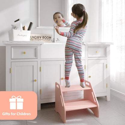Wooden Step Stool, Two Step Stools Toddler 300 lbs Capacity with Safety Non-Slip Pads and Handles, Bamboo Step Stool for Bathroom, Kitchen Dual Height Step Stools for Kids (Natural)