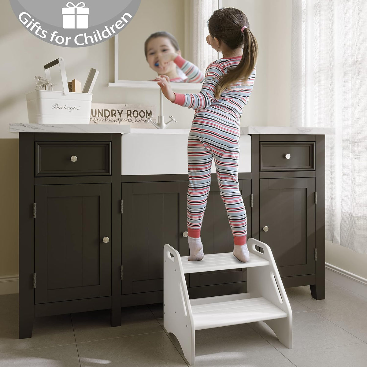 Wooden Step Stool, Two Step Stools Toddler 300 lbs Capacity with Safety Non-Slip Pads and Handles, Bamboo Step Stool for Bathroom, Kitchen Dual Height Step Stools for Kids (Natural)