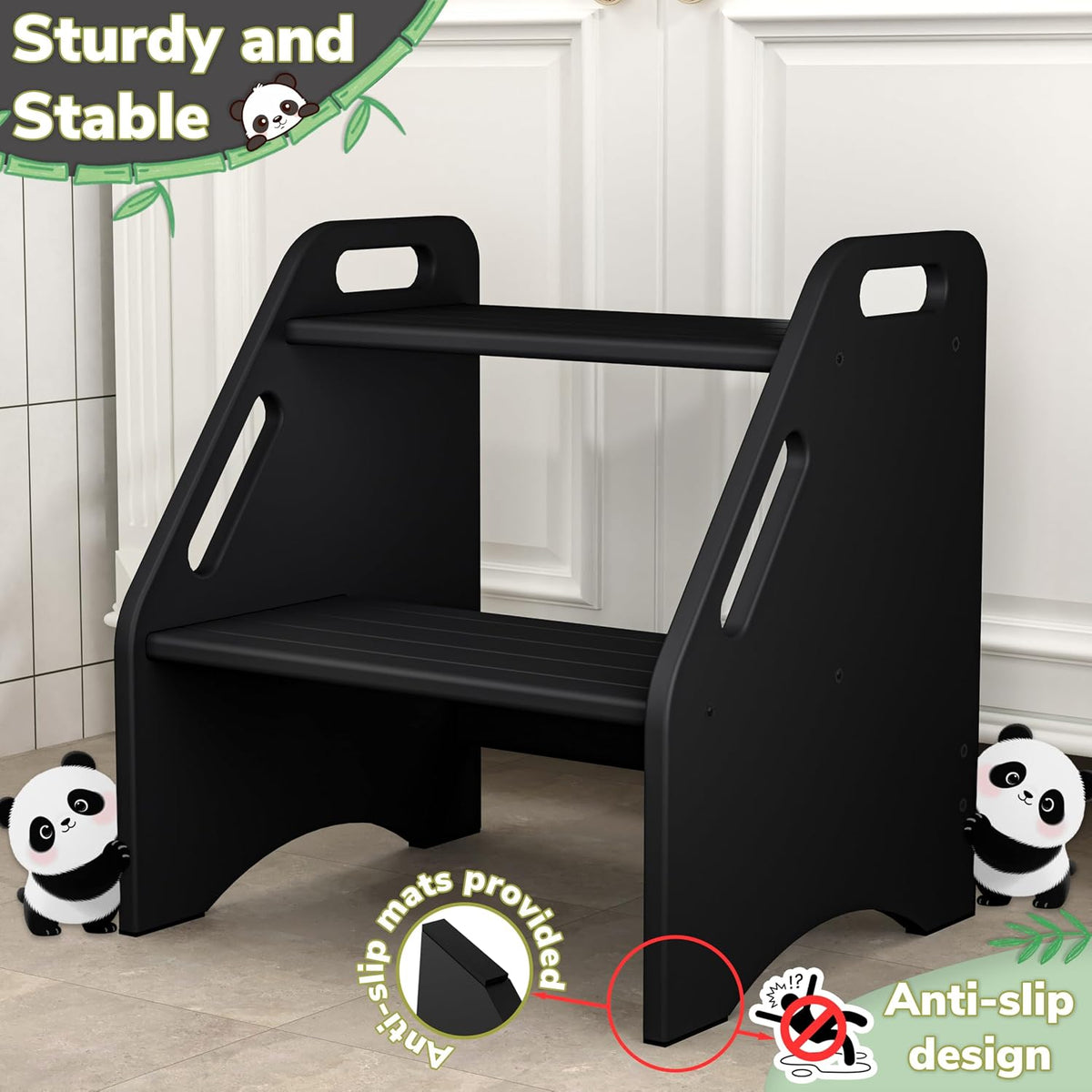 Wooden Step Stool, Two Step Stools Toddler 300 lbs Capacity with Safety Non-Slip Pads and Handles, Bamboo Step Stool for Bathroom, Kitchen Dual Height Step Stools for Kids (Natural)