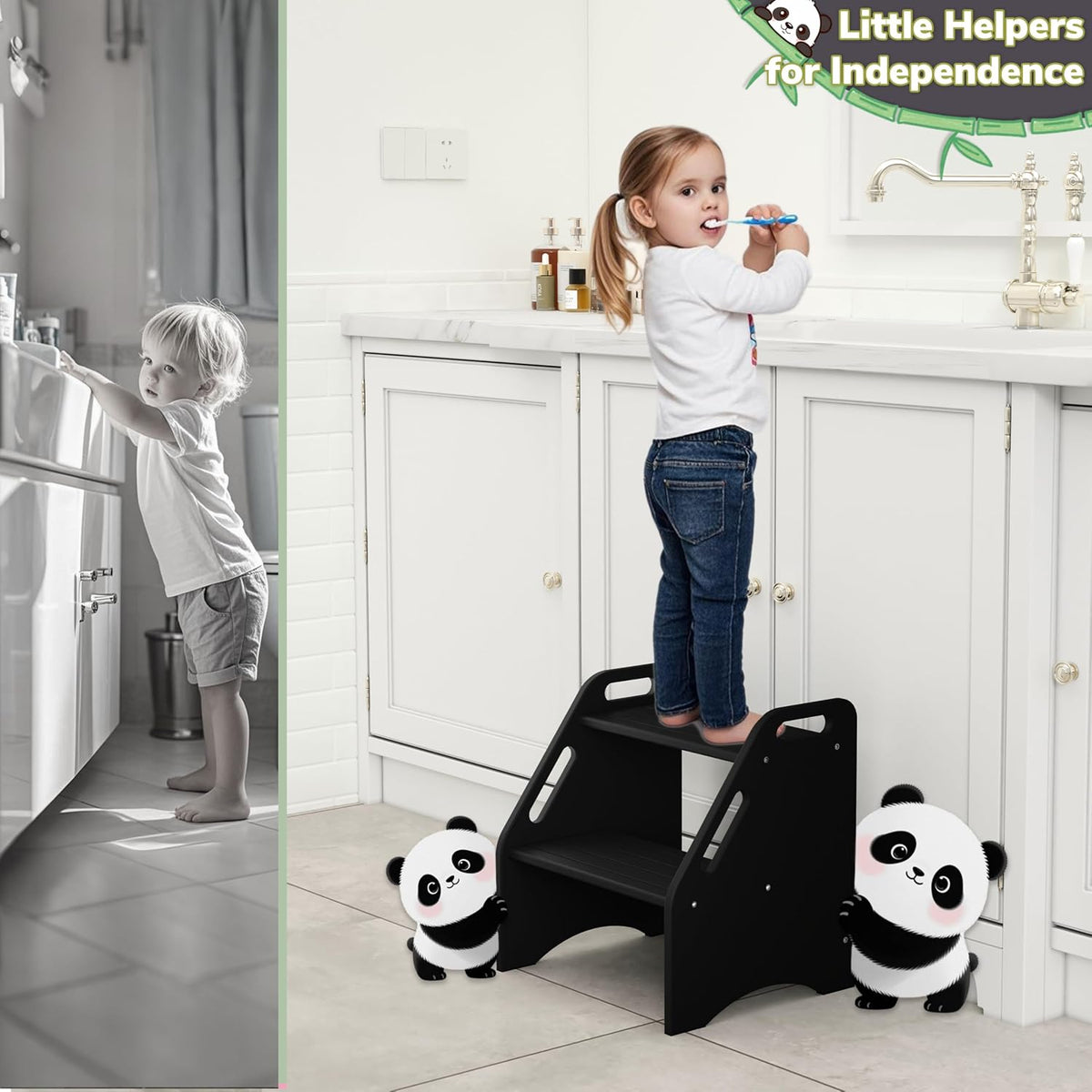 Wooden Step Stool, Two Step Stools Toddler 300 lbs Capacity with Safety Non-Slip Pads and Handles, Bamboo Step Stool for Bathroom, Kitchen Dual Height Step Stools for Kids (Natural)