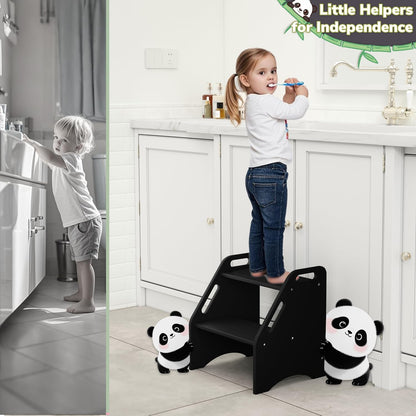 Wooden Step Stool, Two Step Stools Toddler 300 lbs Capacity with Safety Non-Slip Pads and Handles, Bamboo Step Stool for Bathroom, Kitchen Dual Height Step Stools for Kids (Natural)
