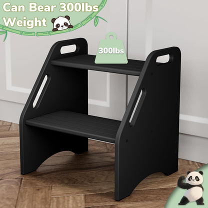 Wooden Step Stool, Two Step Stools Toddler 300 lbs Capacity with Safety Non-Slip Pads and Handles, Bamboo Step Stool for Bathroom, Kitchen Dual Height Step Stools for Kids (Natural)