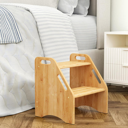 Wooden Step Stool, Two Step Stools Toddler 300 lbs Capacity with Safety Non-Slip Pads and Handles, Bamboo Step Stool for Bathroom, Kitchen Dual Height Step Stools for Kids (Natural)
