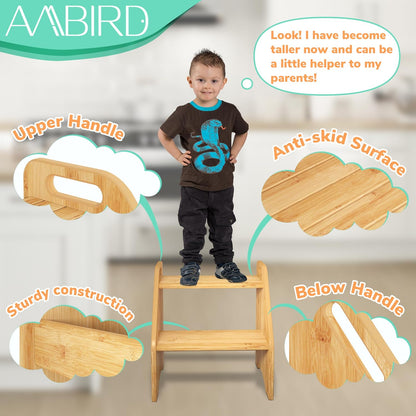 Wooden Step Stool, Two Step Stools Toddler 300 lbs Capacity with Safety Non-Slip Pads and Handles, Bamboo Step Stool for Bathroom, Kitchen Dual Height Step Stools for Kids (Natural)