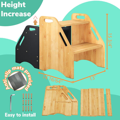 Wooden Step Stool, Two Step Stools Toddler 300 lbs Capacity with Safety Non-Slip Pads and Handles, Bamboo Step Stool for Bathroom, Kitchen Dual Height Step Stools for Kids (Natural)