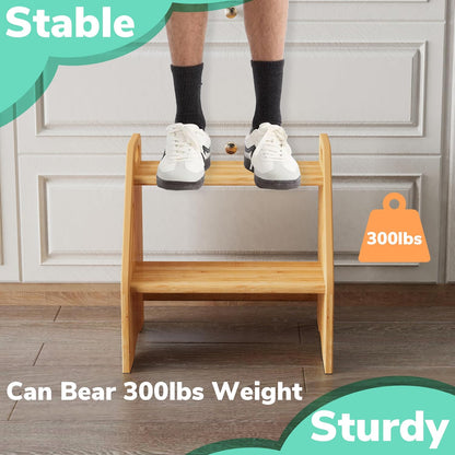 Wooden Step Stool, Two Step Stools Toddler 300 lbs Capacity with Safety Non-Slip Pads and Handles, Bamboo Step Stool for Bathroom, Kitchen Dual Height Step Stools for Kids (Natural)