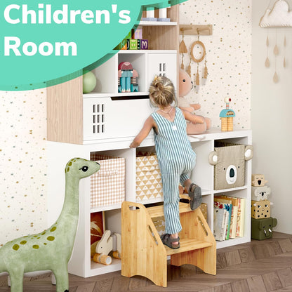 Wooden Step Stool, Two Step Stools Toddler 300 lbs Capacity with Safety Non-Slip Pads and Handles, Bamboo Step Stool for Bathroom, Kitchen Dual Height Step Stools for Kids (Natural)