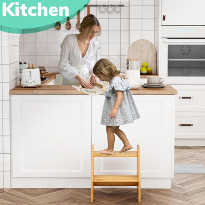Wooden Step Stool, Two Step Stools Toddler 300 lbs Capacity with Safety Non-Slip Pads and Handles, Bamboo Step Stool for Bathroom, Kitchen Dual Height Step Stools for Kids (Natural)