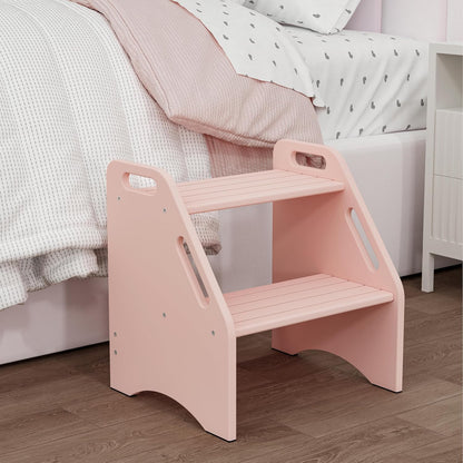 Wooden Step Stool, Two Step Stools Toddler 300 lbs Capacity with Safety Non-Slip Pads and Handles, Bamboo Step Stool for Bathroom, Kitchen Dual Height Step Stools for Kids (Natural)