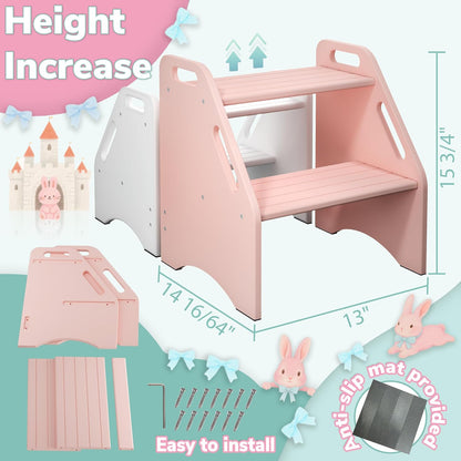 Wooden Step Stool, Two Step Stools Toddler 300 lbs Capacity with Safety Non-Slip Pads and Handles, Bamboo Step Stool for Bathroom, Kitchen Dual Height Step Stools for Kids (Natural)