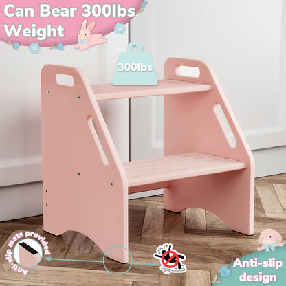 Wooden Step Stool, Two Step Stools Toddler 300 lbs Capacity with Safety Non-Slip Pads and Handles, Bamboo Step Stool for Bathroom, Kitchen Dual Height Step Stools for Kids (Natural)