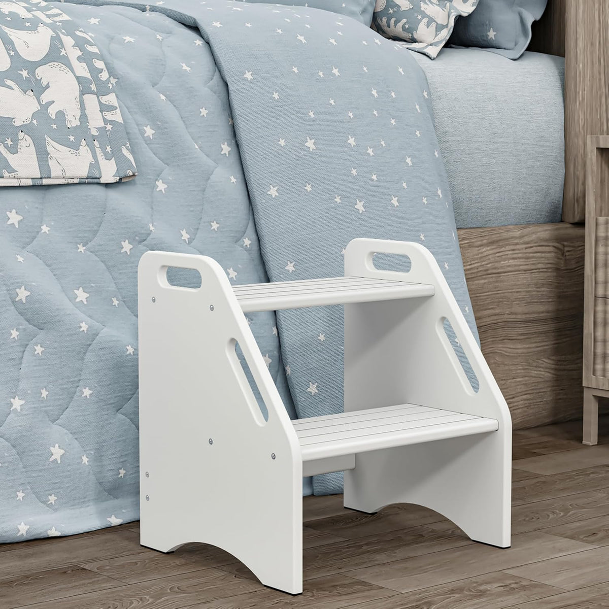 Wooden Step Stool, Two Step Stools Toddler 300 lbs Capacity with Safety Non-Slip Pads and Handles, Bamboo Step Stool for Bathroom, Kitchen Dual Height Step Stools for Kids (Natural)