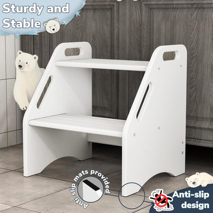 Wooden Step Stool, Two Step Stools Toddler 300 lbs Capacity with Safety Non-Slip Pads and Handles, Bamboo Step Stool for Bathroom, Kitchen Dual Height Step Stools for Kids (Natural)