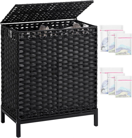 Laundry Hamper with Lid, 112 L Handwoven Rattan Wicker Laundry Basket, 2 Removable Liner Bags Metal Heightened Feet, 6 Mesh Bags, 2 Section Large Clothes Hamper for Bathroom Bedroom, Natural