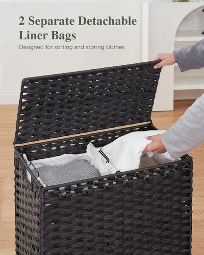 Laundry Hamper with Lid, 112 L Handwoven Rattan Wicker Laundry Basket, 2 Removable Liner Bags Metal Heightened Feet, 6 Mesh Bags, 2 Section Large Clothes Hamper for Bathroom Bedroom, Natural