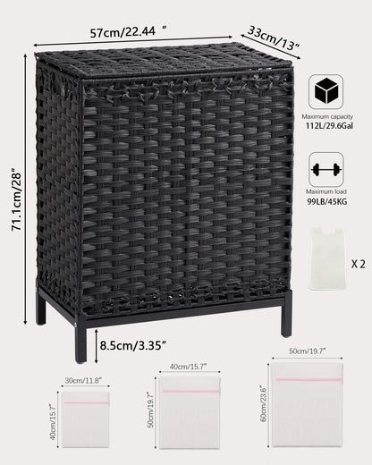 Laundry Hamper with Lid, 112 L Handwoven Rattan Wicker Laundry Basket, 2 Removable Liner Bags Metal Heightened Feet, 6 Mesh Bags, 2 Section Large Clothes Hamper for Bathroom Bedroom, Natural