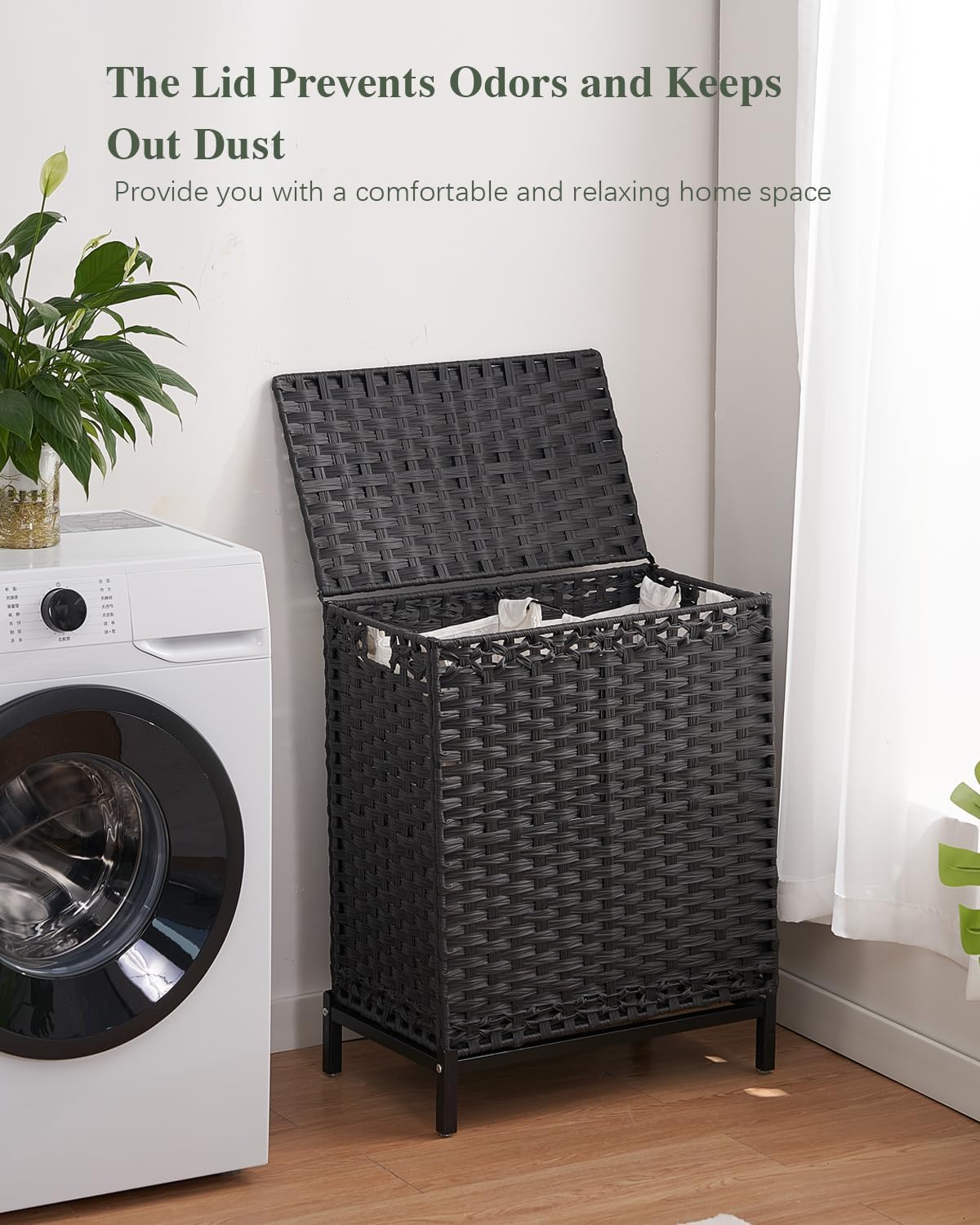 Laundry Hamper with Lid, 112 L Handwoven Rattan Wicker Laundry Basket, 2 Removable Liner Bags Metal Heightened Feet, 6 Mesh Bags, 2 Section Large Clothes Hamper for Bathroom Bedroom, Natural