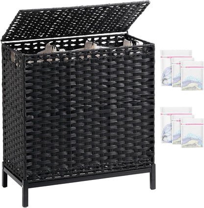 Laundry Hamper with Lid, 112 L Handwoven Rattan Wicker Laundry Basket, 2 Removable Liner Bags Metal Heightened Feet, 6 Mesh Bags, 2 Section Large Clothes Hamper for Bathroom Bedroom, Natural
