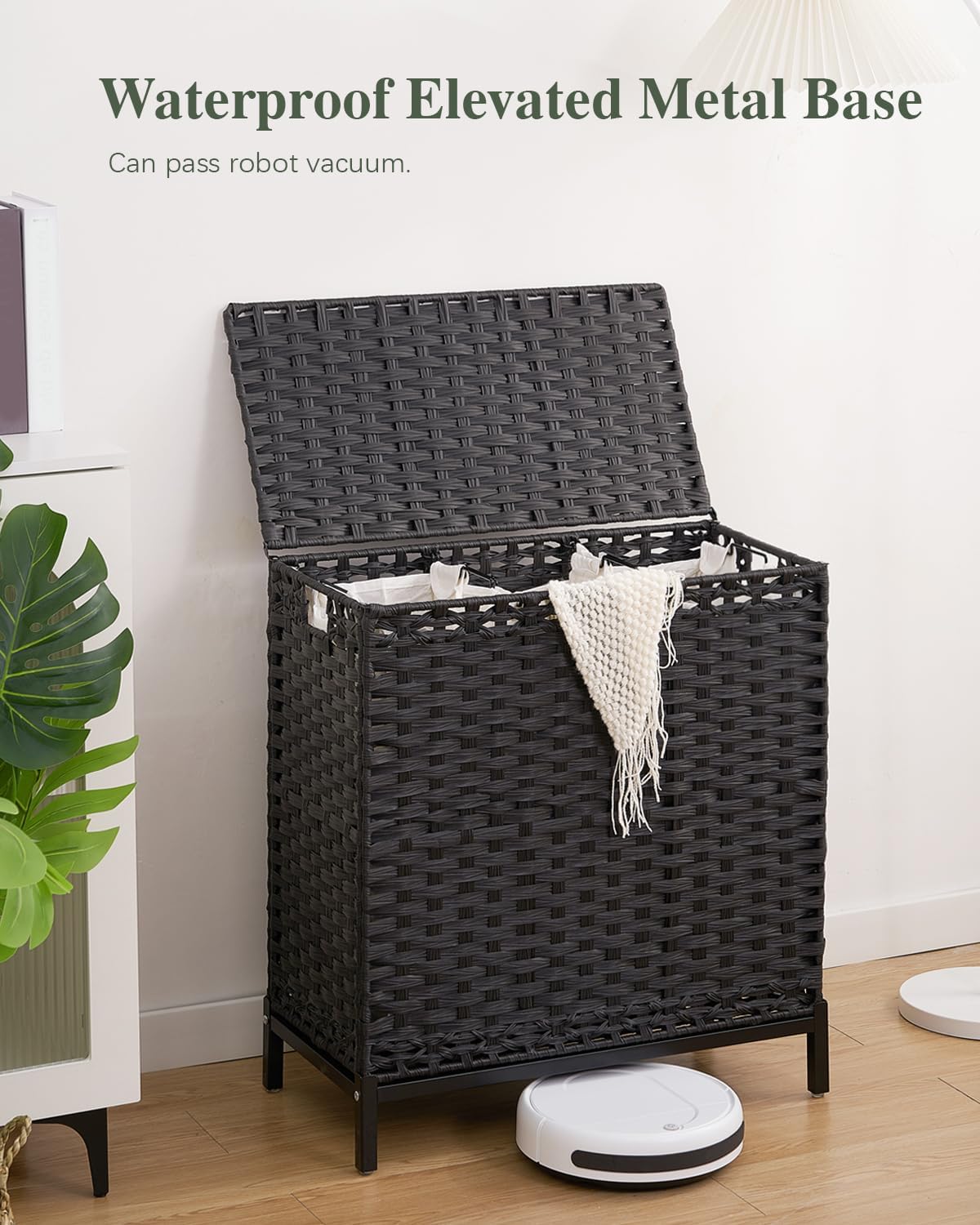 Laundry Hamper with Lid, 112 L Handwoven Rattan Wicker Laundry Basket, 2 Removable Liner Bags Metal Heightened Feet, 6 Mesh Bags, 2 Section Large Clothes Hamper for Bathroom Bedroom, Natural