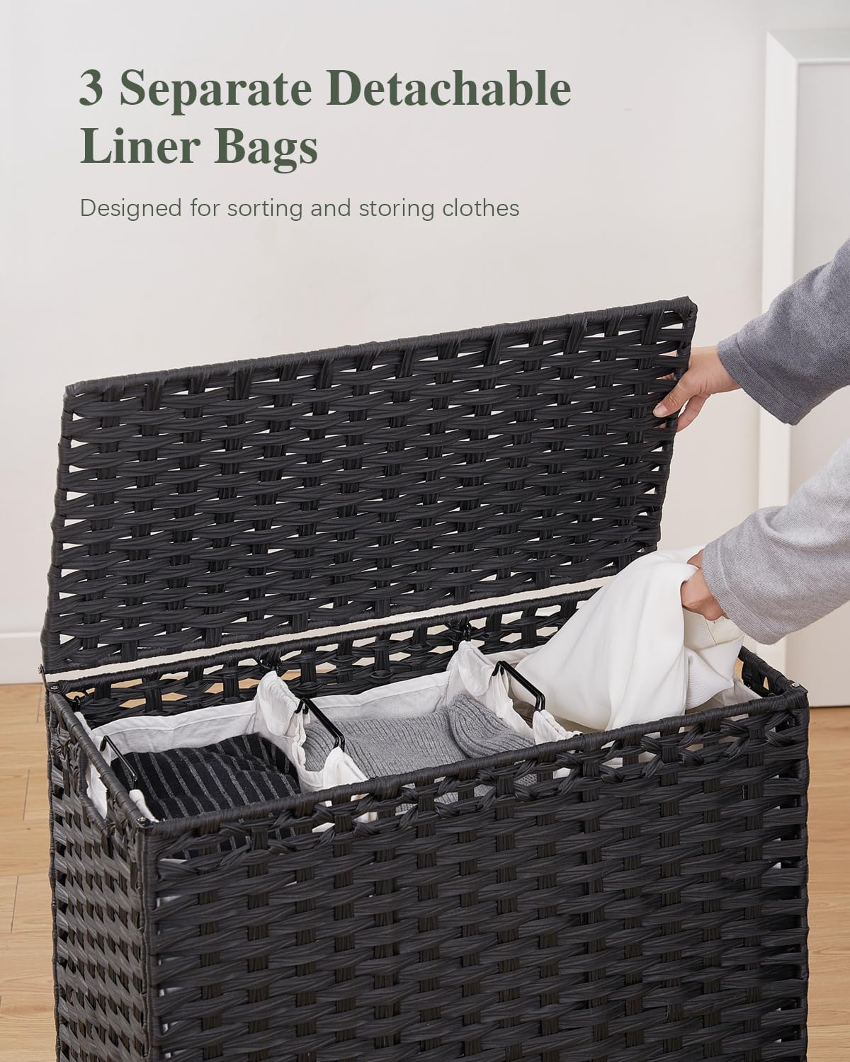 Laundry Hamper with Lid, 112 L Handwoven Rattan Wicker Laundry Basket, 2 Removable Liner Bags Metal Heightened Feet, 6 Mesh Bags, 2 Section Large Clothes Hamper for Bathroom Bedroom, Natural