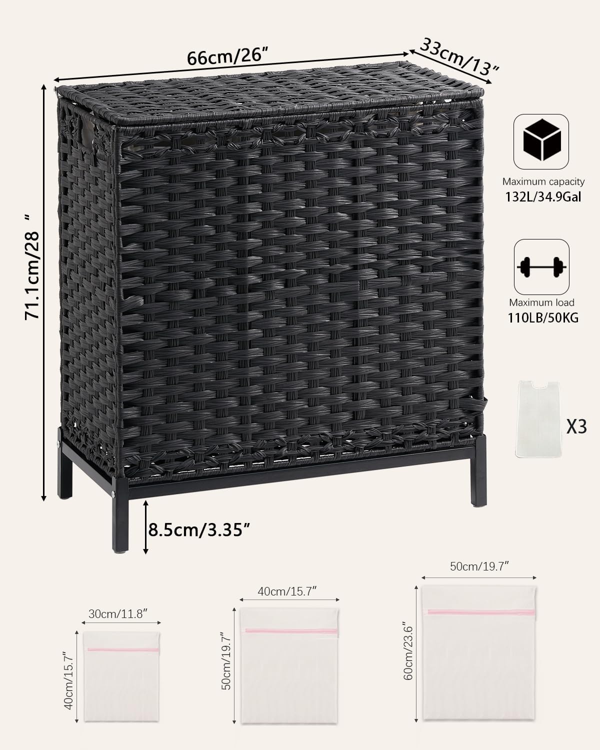 Laundry Hamper with Lid, 112 L Handwoven Rattan Wicker Laundry Basket, 2 Removable Liner Bags Metal Heightened Feet, 6 Mesh Bags, 2 Section Large Clothes Hamper for Bathroom Bedroom, Natural