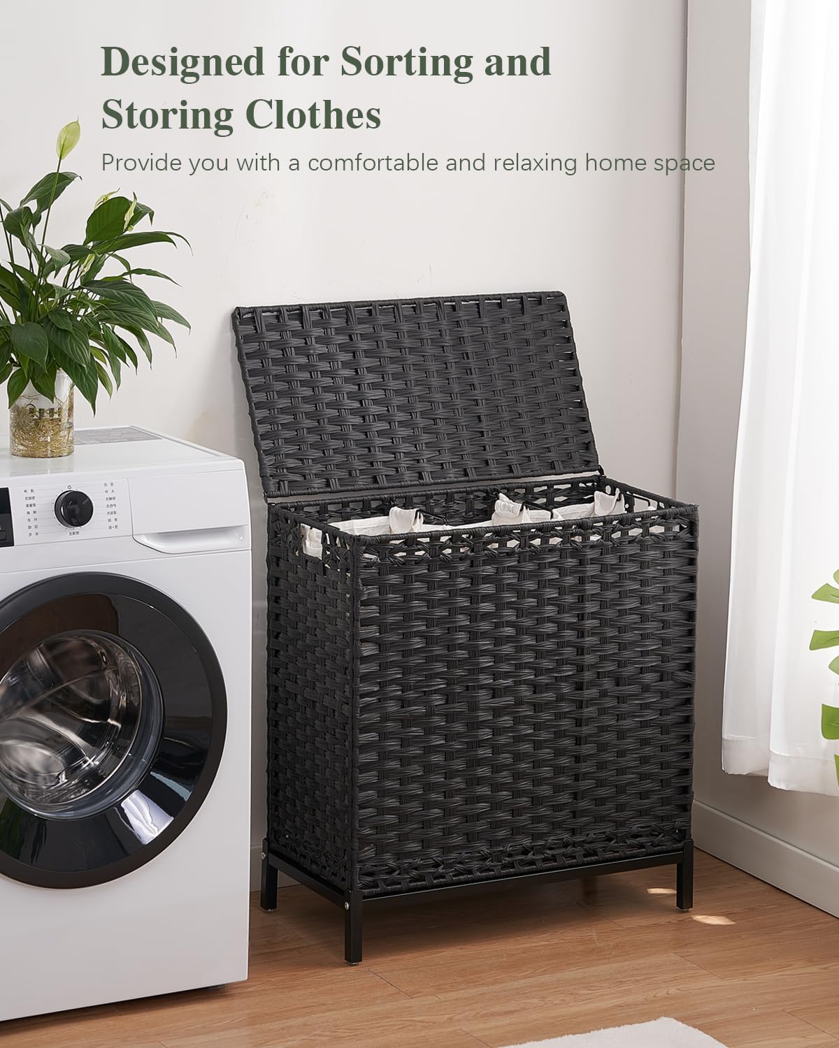 Laundry Hamper with Lid, 112 L Handwoven Rattan Wicker Laundry Basket, 2 Removable Liner Bags Metal Heightened Feet, 6 Mesh Bags, 2 Section Large Clothes Hamper for Bathroom Bedroom, Natural