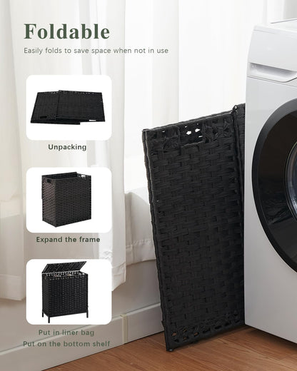 Laundry Hamper with Lid, 112 L Handwoven Rattan Wicker Laundry Basket, 2 Removable Liner Bags Metal Heightened Feet, 6 Mesh Bags, 2 Section Large Clothes Hamper for Bathroom Bedroom, Natural