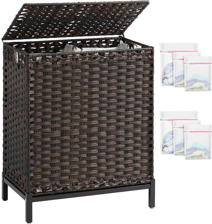 Laundry Hamper with Lid, 112 L Handwoven Rattan Wicker Laundry Basket, 2 Removable Liner Bags Metal Heightened Feet, 6 Mesh Bags, 2 Section Large Clothes Hamper for Bathroom Bedroom, Natural