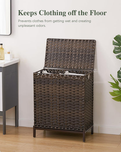 Laundry Hamper with Lid, 112 L Handwoven Rattan Wicker Laundry Basket, 2 Removable Liner Bags Metal Heightened Feet, 6 Mesh Bags, 2 Section Large Clothes Hamper for Bathroom Bedroom, Natural